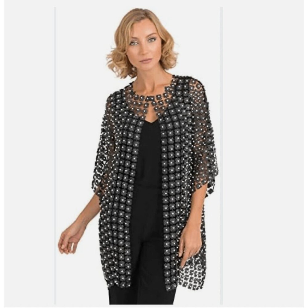 NWT Joseph Ribkoff black metallic pearl floral crochet / lace evening jacket M